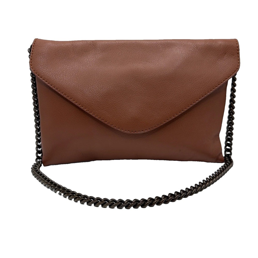 J Crew Cognac Brown Leather Purse Chain Strap Envelope Clutch Shoulder 51632 A4